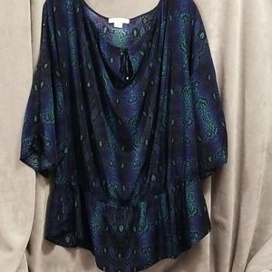 Liz Claiborne • Exotic Print Blouse Top with Elastic Waist • 3/4 Sleeves • 2X